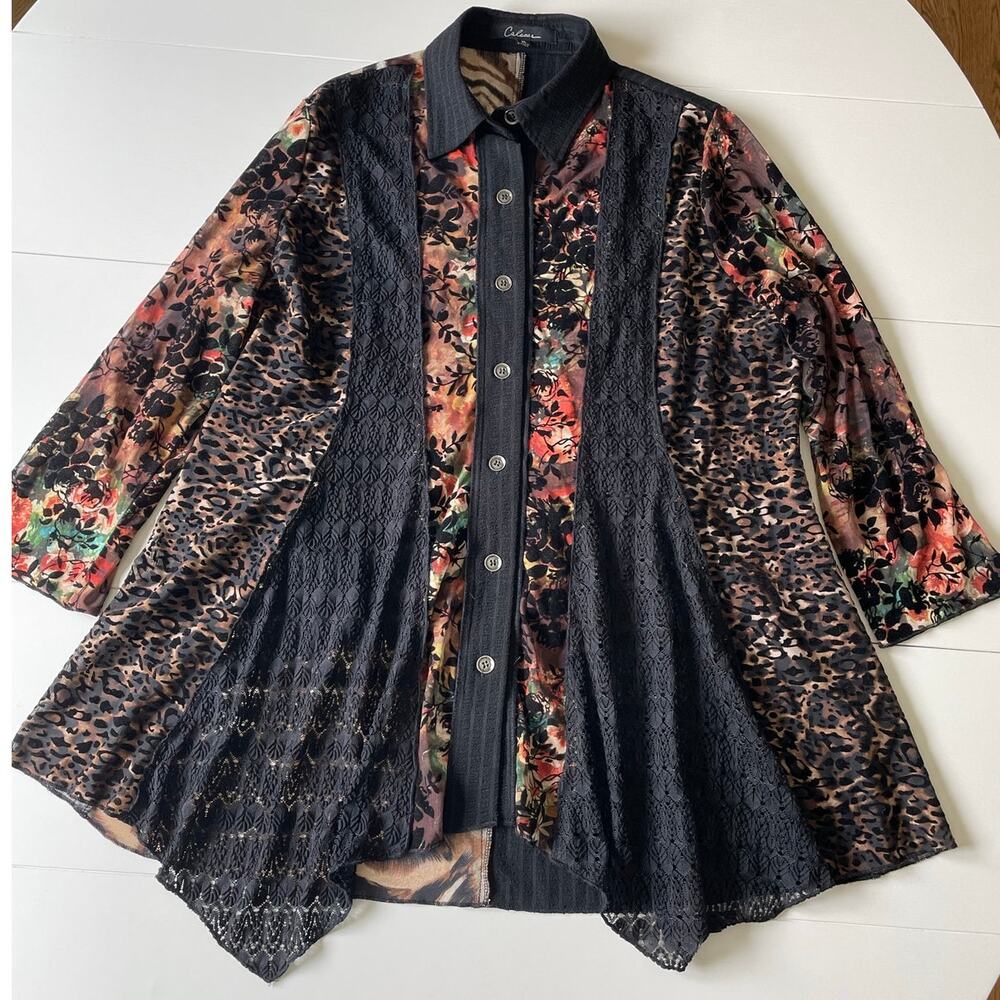 Calessa Tunic Top Sz XL Velvet Burnout Lace Floral Animal Prints Artsy Lagenlook - Picture 3 of 12